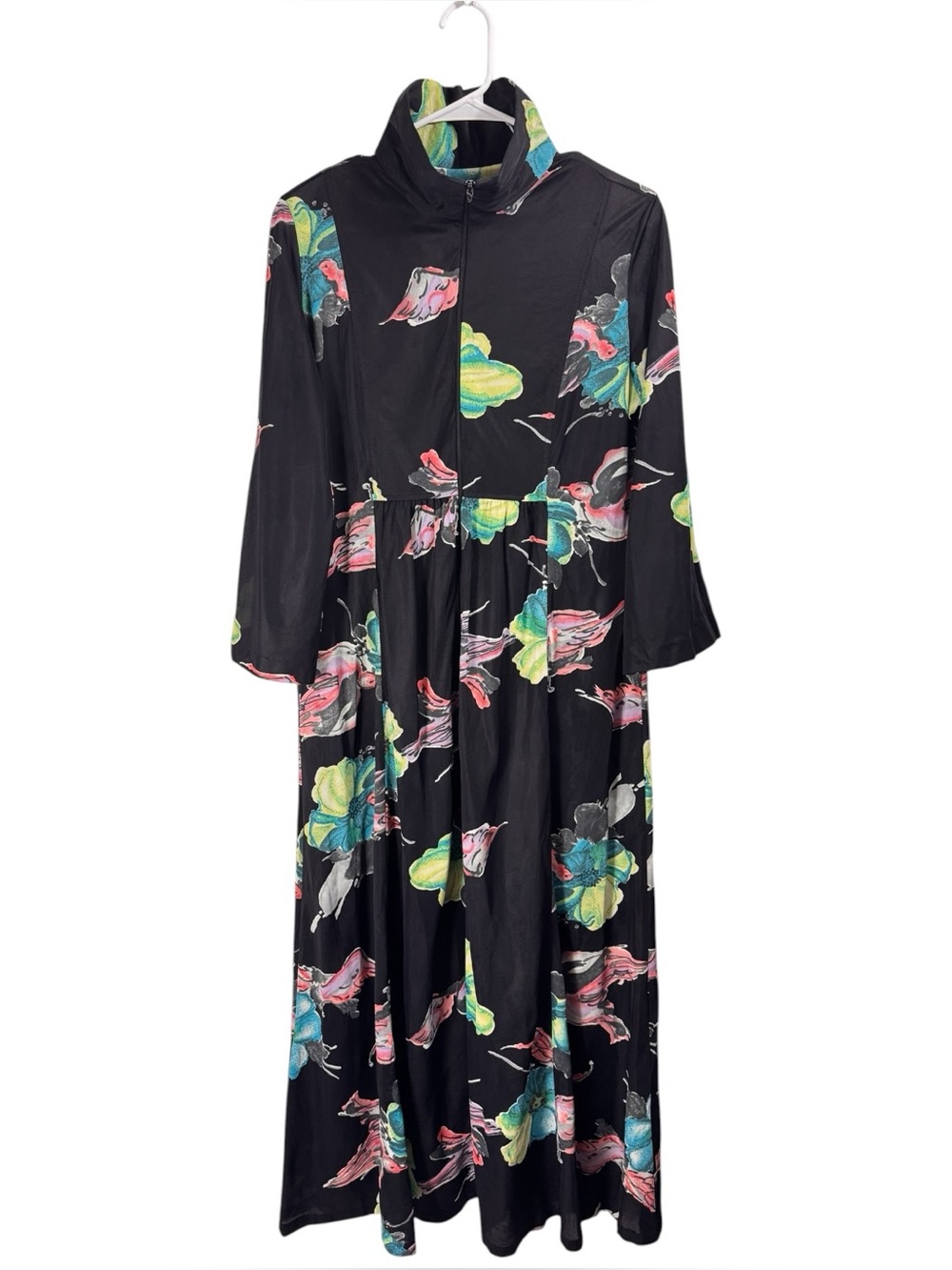 Vintage 60s 70s Lisanne Lounge Wear Robe Floral Birds m Maxi Dress Night Gown